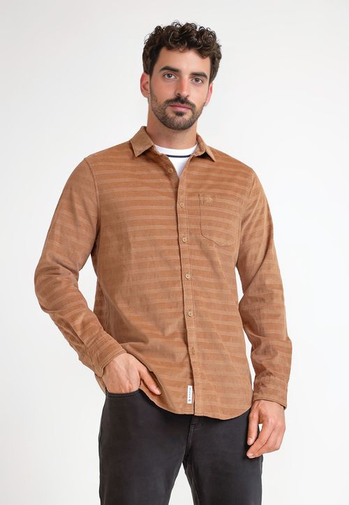 Camisa Hombre De Cotele Manga Larga Camel