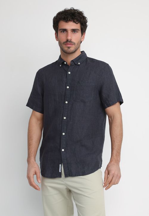 Camisa Hombre Manga Corta Lino Negra OPWB0500