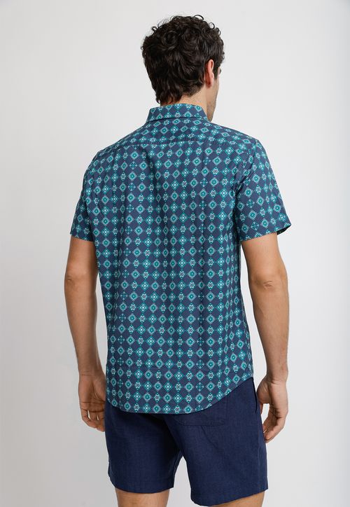Camisa Hombre Manga Corta Estampada Azul
